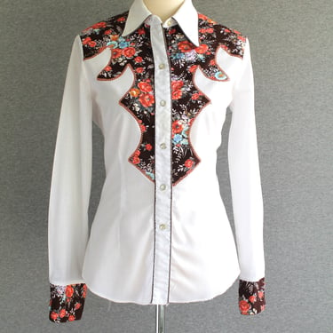 1970s - H bar C - Vintage Cowgirl Shirt - Pearl Snap - Brown Floral Yoke - Marked size 36 