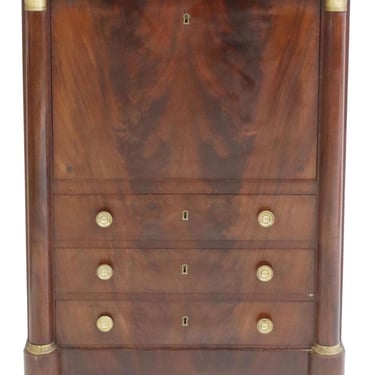 Antique French Empire Style Flame Mahogany Fall Front Secretaire A Abattant Secretary Desk Cabinet Chest Of Drawers 