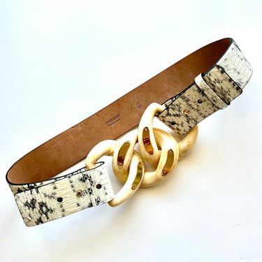 Vintage Roberto Cavalli Wide Leather White Belt Large Chain Snakeskin Embossed Leather Belt Necklace 