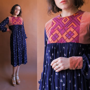 Vintage 60s Embroidered Folk Dress/ Size Small 