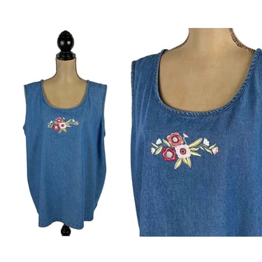 3X 90s Y2K Floral Embroidered Denim Tank Top, Sleeveless Summer Blouse, Casual Clothes Women, Vintage Plus Size Clothing from BFA CLASSICS 