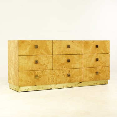 Milo Baughman Style Mid Century Burlwood and Brass 9 Drawer Lowboy Dresser - mcm 