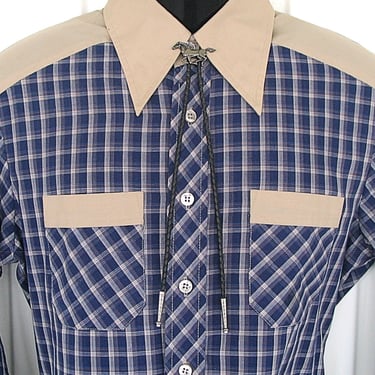 Kennington Western Vintage Men's Cowboy & Rodeo Shirt, Navy Blue and Beige Checked, Tag Size 15.5, Approx. Medium (see meas. photo) 