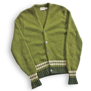 vintage cardigan / striped cardigan / 1960s Brent olive green striped wool blend Kurt Cobain cardigan Small 