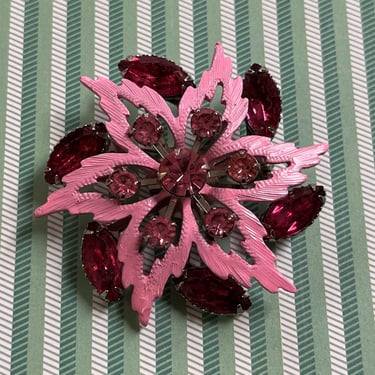 pink starburst brooch 1950s enamel jeweled flower pin vintage jewelry 