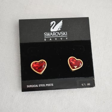 Vintage NOS Swarovski Red Heart Pierced Earrings 