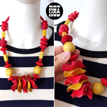 Bold Vintage 80s 90s Red & Yellow Wood Beaded Statement Necklace 