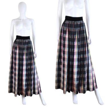 1940s Black & Pastel Plaid Maxi Skirt - 1940s Plaid Taffeta Skirt - 1940s Easter Skirt - 1940s Spring Skirt - 1940s Plaid Skirt | Size Small 