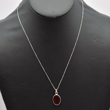 70's carnelian sterling minimalist pendant, simple red oval cab Italy 925 silver box chain necklace 