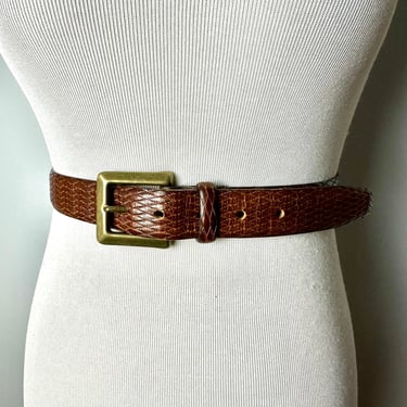 Vintage Italian leather belt~ Ashworth Men’s trouser belt~ brown snakeskin-look brass buckle long sleek thin belts 