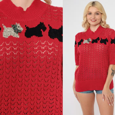 90s Scottie Dog Sweater Red Susan Bristol Short Sleeve Open Lace Pointelle Knit Novelty Pullover Mock Neck Vintage 1995 Medium 