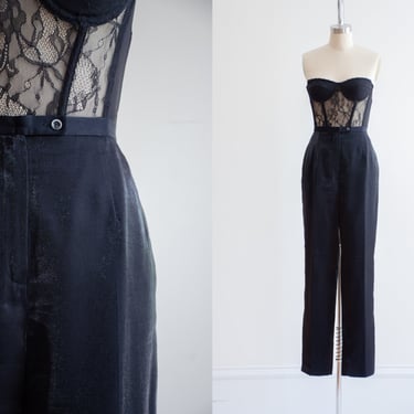 high waisted pants | 90s y2k vintage shimmery black silver glittery straight leg trousers 