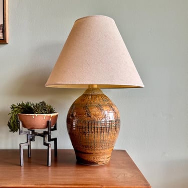 Handmade 1970s stoneware lamp / large vintage table lamp signed by artist / newly rewired PNW ceramic lighting 