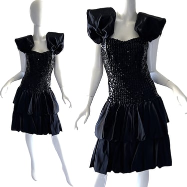 80s Sequin Cocktail Dress / Vintage Deadstock Black Tiered Party Dress / 1980s Positively Ellen Dress xs 