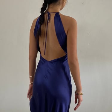 90s halter slip dress / vintage ocean blue liquid silk charmeuse backless halter keyhole maxi slip dress | Medium 