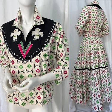 40s DECO Dress Ensemble, BOHO Festival Chic, Western Ruffle Dress, Tiered Dirndl Skirt, Ethnic Hand Print BEADED Dress, Claire McCardell Vib 