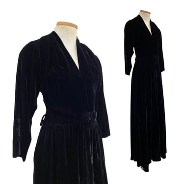 Vtg Vintage 1930s 30s Crushed Black Velvet Floor Length Old Hollywood Glam Gown 