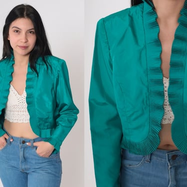 Teal Green Cropped Jacket 70s Open Front Blazer Jacket Knife Pleat Ruffled Shiny Evening Cocktail Formal Party Crop Coat Vintage 1970s Small 