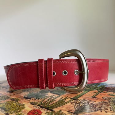 Fossil Firenze Contour Red Leather Wide Silver Buckle Belt - Medium 