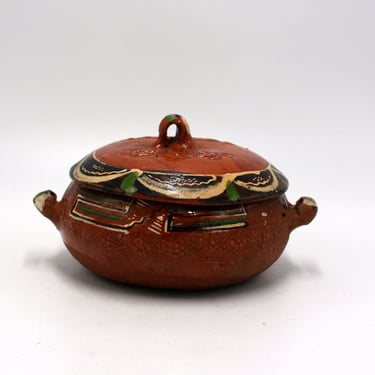 vintage redware covered dish made in Mexico 