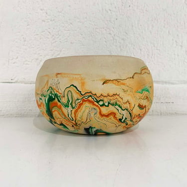 Vintage Nemadji Art Pottery Vase Swirl Handmade USA Flower Green Brown Orange Swirl Vanity Seven Falls Colorado MCM Beige 1970s 
