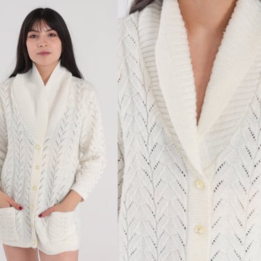 White Cardigan 70s Pointelle Knit Button Up Sweater Sheer Boho Open Weave Grandma Pockets Shawl Collar Girly Vintage 1970s Acrylic Medium M 