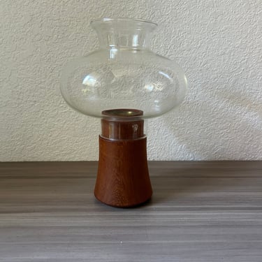 Dansk Teak Wood & Brass Hurricane Lamp Base + Glass Globe Jens Quistgaard Design - Vintage Danish Modern Candle Holder 