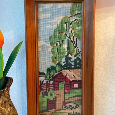 Needlepoint Crewel Farmhouse Barn Art  | Wood Framed Barn Wall Art | Countryside Scenery Crewel Art 