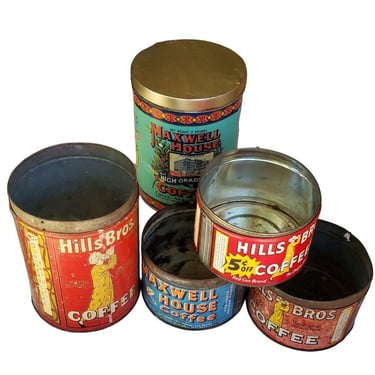 Antique Lot of 5 Coffee Tins Hills Bros Maxwell House Red Can High Grade M16 