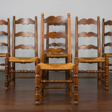 Antique Country French Ladder Back Walnut Rush Dining Chairs - Set of 6 