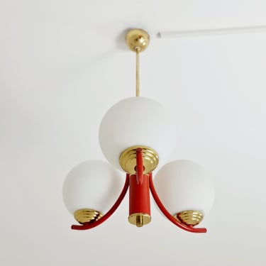 Space Age Ceiling lamp/ Pendant lamp by Richard Essig Sputnik Atom, red and white 1970s 