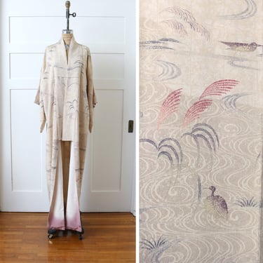 vintage long pink & gray homongi kimono • water birds and branches Rozome print, crepe with dyed silk liner 