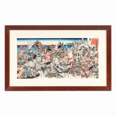 Japanese Color Lithograph Samurai Warriors Battle 