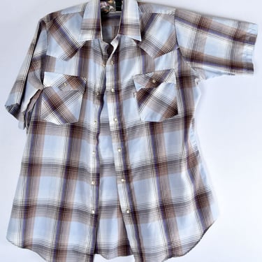 70s Men's LEVI'S Plaid, Short Sleeve, Western Pearl Snap Shirt LARGE Vintage 1970's 