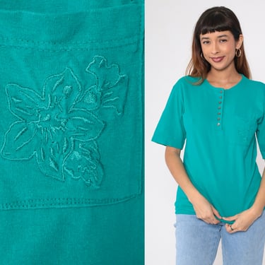 Teal Henley Tee 90s Floral Embroidered T-Shirt Green Short Sleeve Top Flower Embroidery Button Up Blouse Summer TShirt Vintage 1990s Small 
