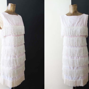 Vintage 60s Fringe Shimmmy Dress XS S  - 1960s Pale Pink Pastel White Sheath Dress - Kawaii Cute Style 