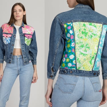 Vintage Levi's Floral Patchwork Jean Jacket - Petite Small | 80s Cropped Reworked Denim Trucker Jacket 