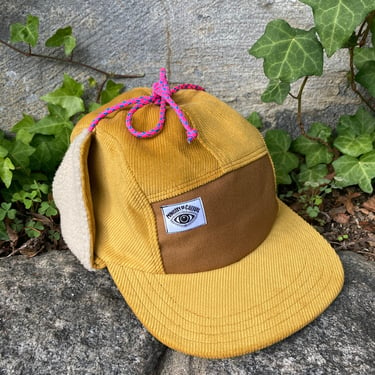 Ear Flap Hat, Mustard Yellow Corduroy Handmade 5 Panel Camp Hat, Winter Baseball Cap, Moldable Brim five panel hat, Snap Back ball cap 