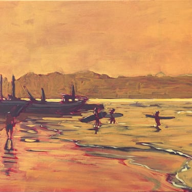 Surfers #8 - Original Acrylic Painting on Canvas 24 x 18, michael van, orange, sunset, surf, yellow, ocean, waves, sand, beach, boats, art 