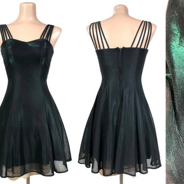 VINTAGE 80s Green Metallic Fit n Flare Baby Doll Mini Dress Sunburst Straps by All That Jazz 3/4 | 1980s Crinoline Party Prom Dress | vfg 