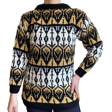 Vintage 1970s Womens Hand Knit Chunky Nordic Fair Isle Wool Geometric Sweater 