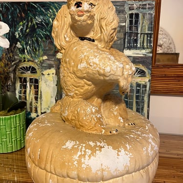 Wonderful chippy vintage chalkware poodle statue on a pillow 