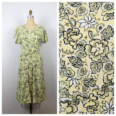 Vintage 1940s floral dress day dress cotton yellow and black casual ric rac AS IS needs repair 