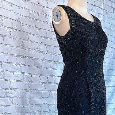 Beaded Sheath Dress • 1980s • Sheer Black Glass Beads on Silk • New Years Eve | NYE • Formal Gown • Special Occassion • Heavily Beaded Trim 