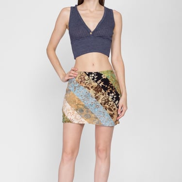 Small 90s Boho Batik Rayon Patchwork Mini Skirt | Vintage Mid Rise A Line Hippie Floral Skirt 