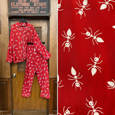 Vintage 1940’s Atomic Print “Ants In Your Pants” Silky Rayon Pajama Shirt Pants Set, Silky Rayon, Vintage Novelty Print, Insect Print, 1940s 
