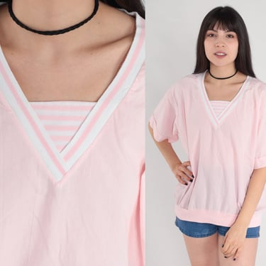 Baby Pink Shirt 80s V-Neck T-Shirt Striped Ringer Tee Short Sleeve Top Retro Basic Girly Pastel Streetwear Banded Hem Vintage 1980s Large L 