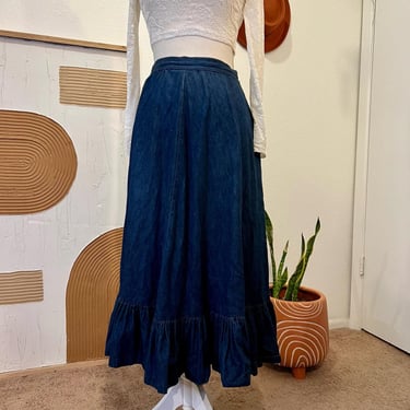 Vintage 90s Liz Claiborne Dark Wash 100% Cotton Denim Ruffled Trim Skirt L 