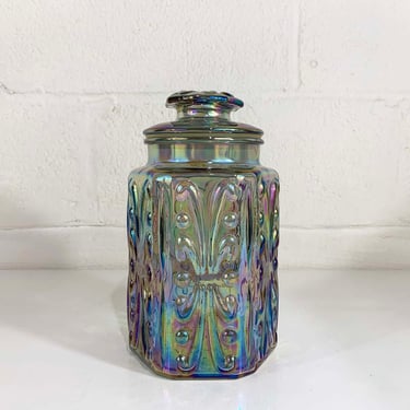 Vintage Glass Kitchen Canister L E Smith Iridescent Apothecary Jar Atterbury Scroll Carnival Rainbow Storage Glassware 1970s 70s Cookie Boho 