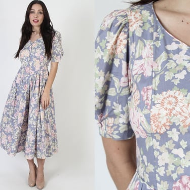 Laura Ashley All Over Floral Farm Wedding Dress, Vintage 80s Liberty Print Material, Romantic Button Up Frock Size 12 14 